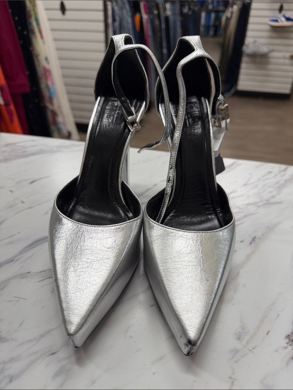 Givenchy Silver Pointed-Toe Ankle-Strap Pumps